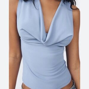 Zara Womens Powder Blue Sleeveless Cowl Neck Top Large Romantic Minimalism